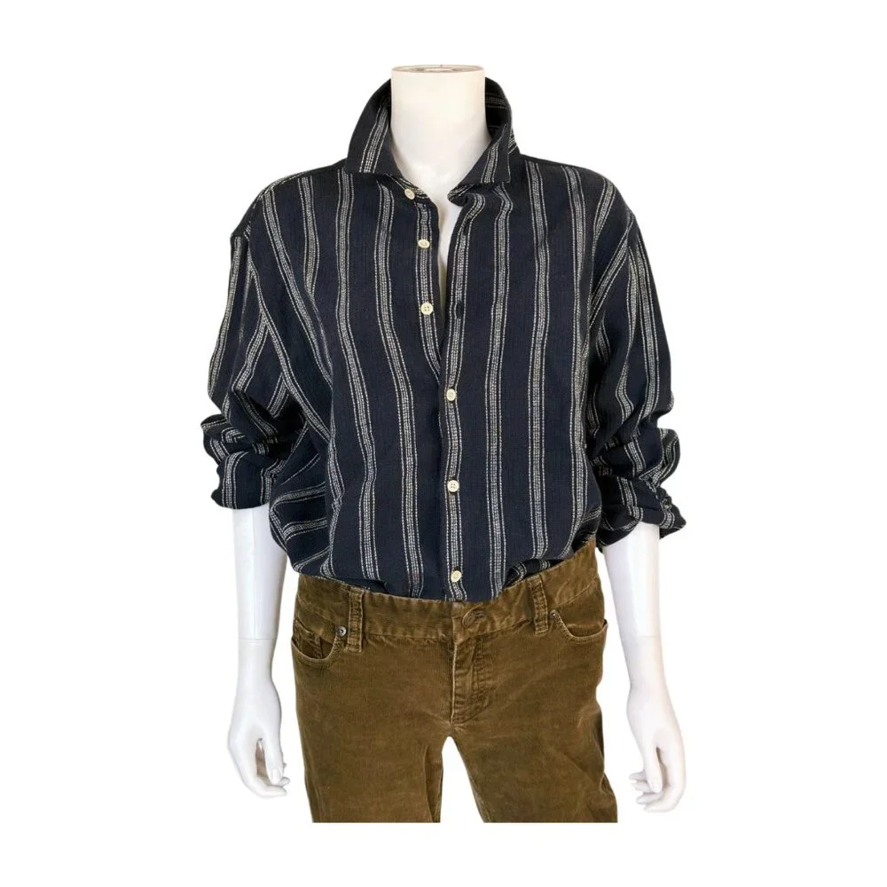 Zara Navy Blue Striped Cotton Button-Up Blouse | Oversized Fit | USA XL - Picture 1 of 10